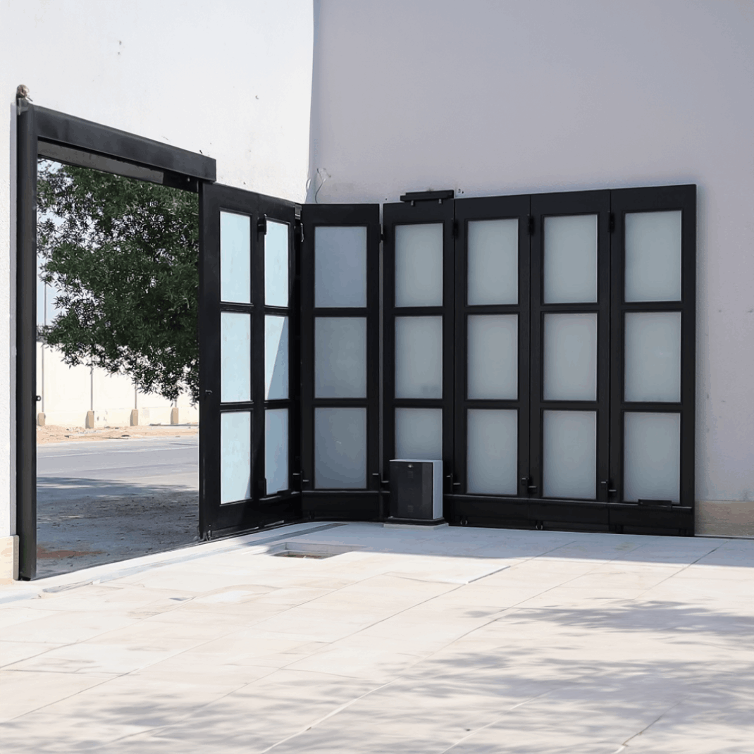Modern panoramic garage door with sleek design and large glass panels